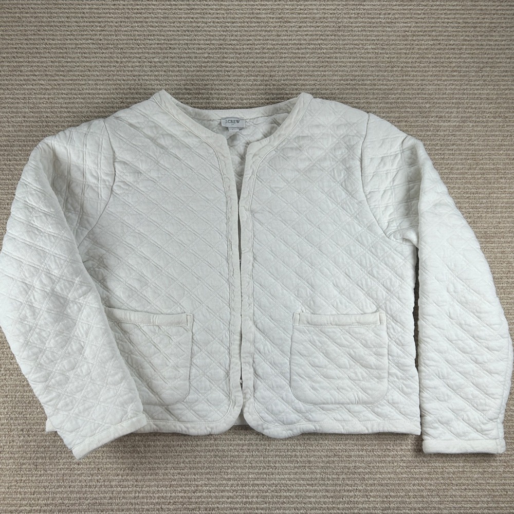 J. Crew Factory Quilted Jacket Womens L Ivory White Collarless Minimalist Preppy